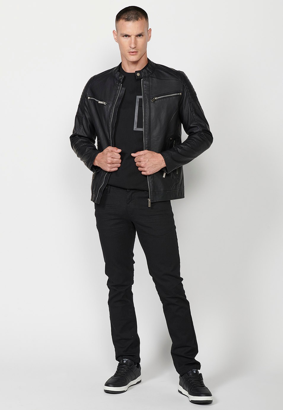 Faux Leather Jacket with Round Neck and Front Zip Closure and Pockets in Black for Men 2