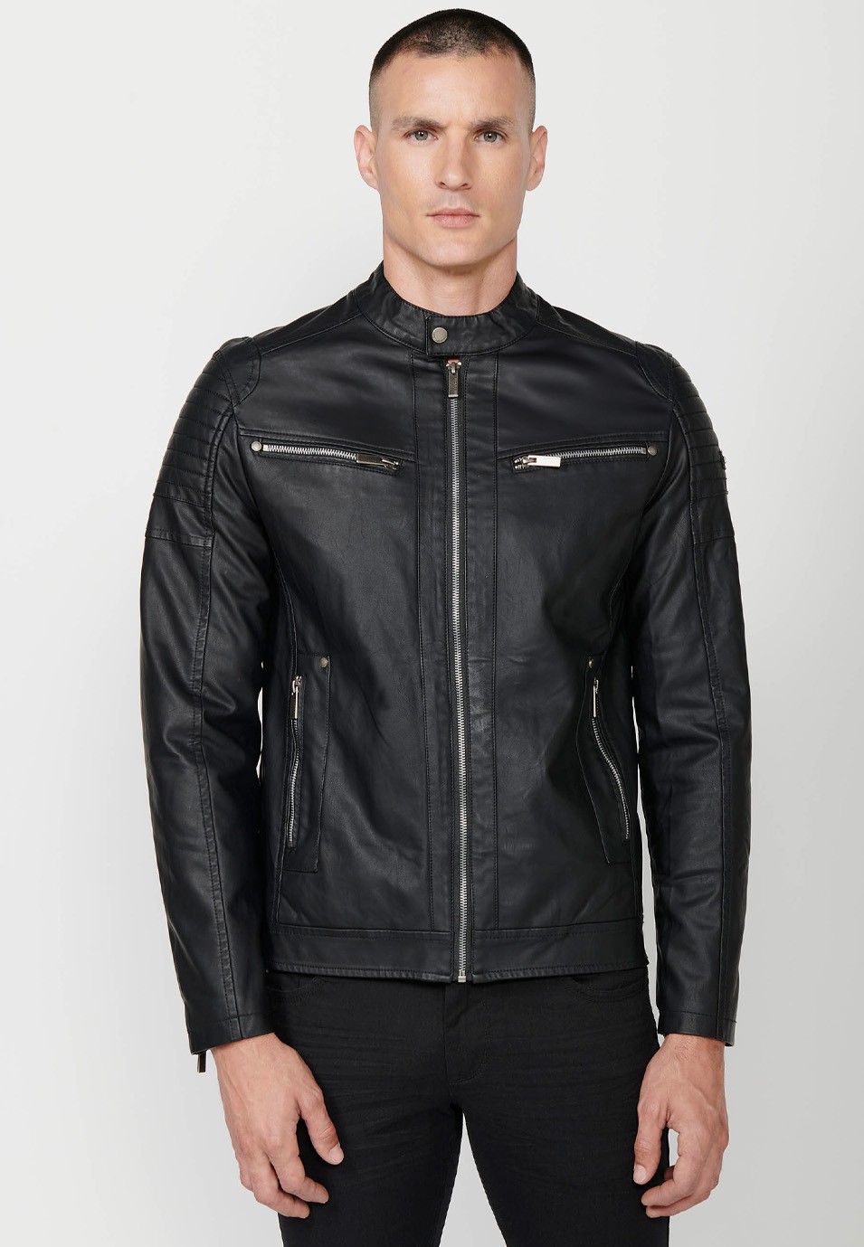 Faux Leather Jacket with Round Neck and Front Zip Closure and Pockets in Black for Men 4