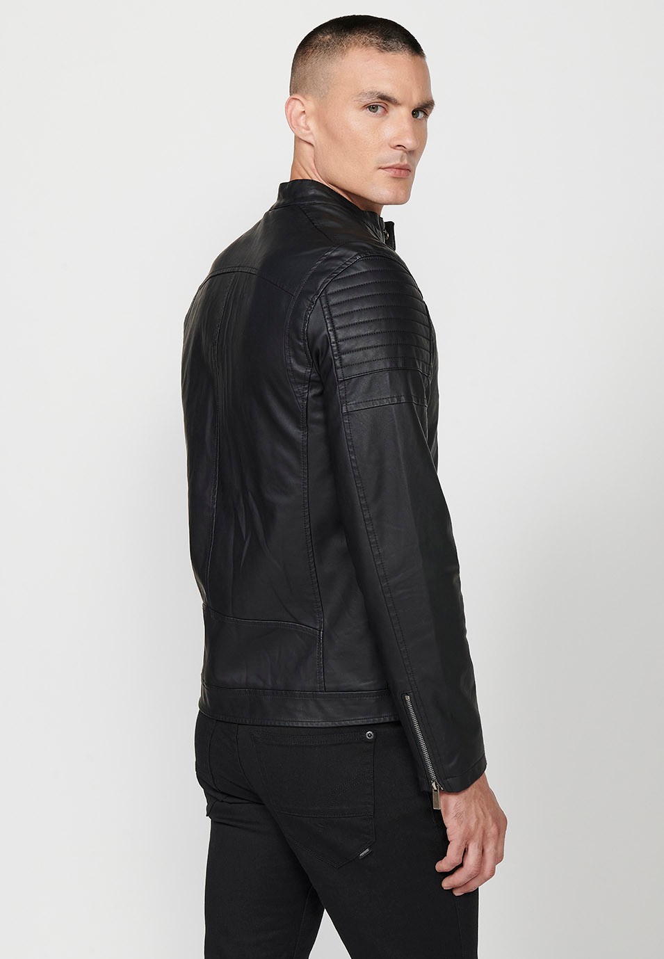 Faux Leather Jacket with Round Neck and Front Zip Closure and Pockets in Black for Men 5