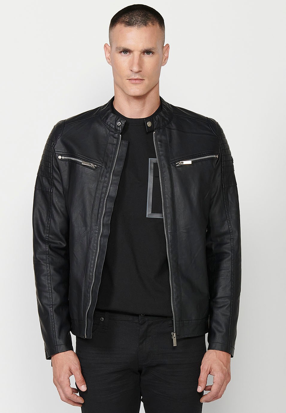 Faux Leather Jacket with Round Neck and Front Zip Closure and Pockets in Black for Men 7