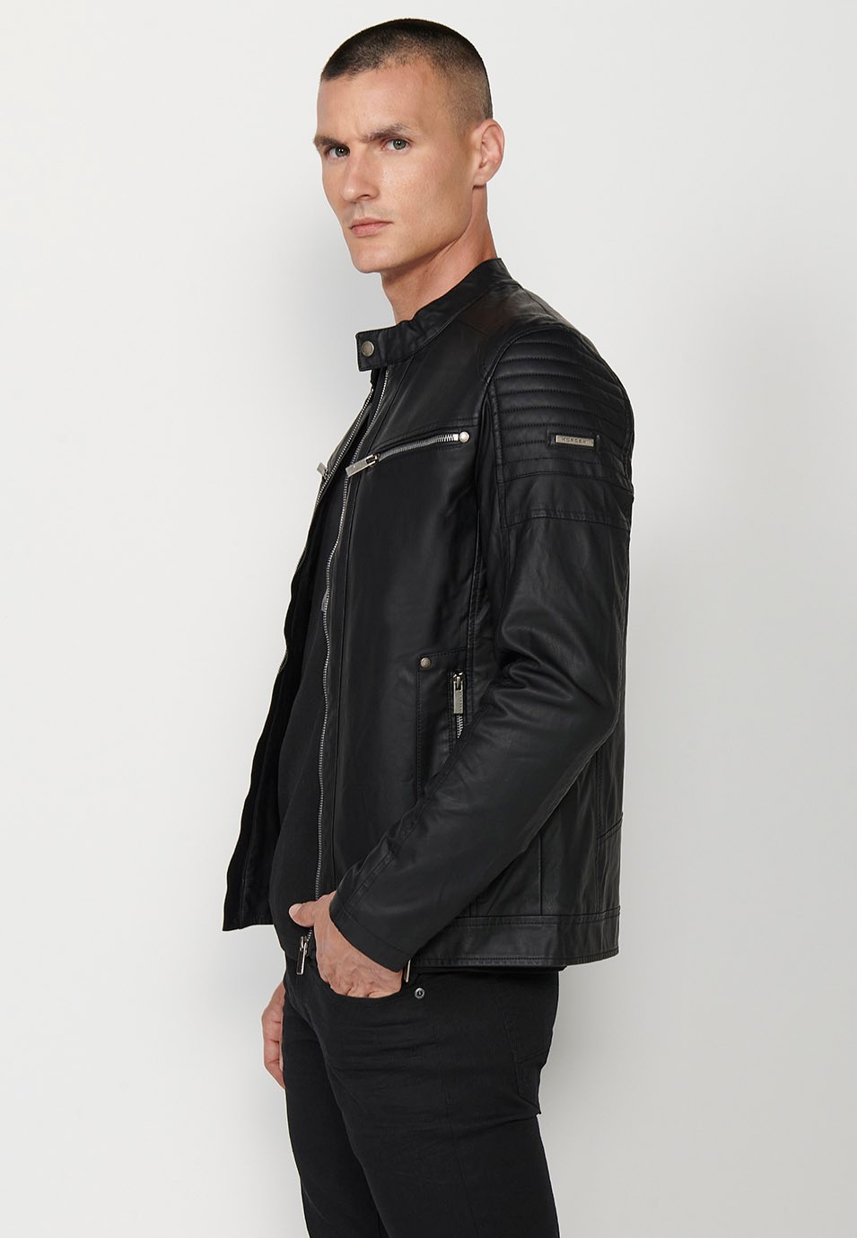 Faux Leather Jacket with Round Neck and Front Zip Closure and Pockets in Black for Men 6