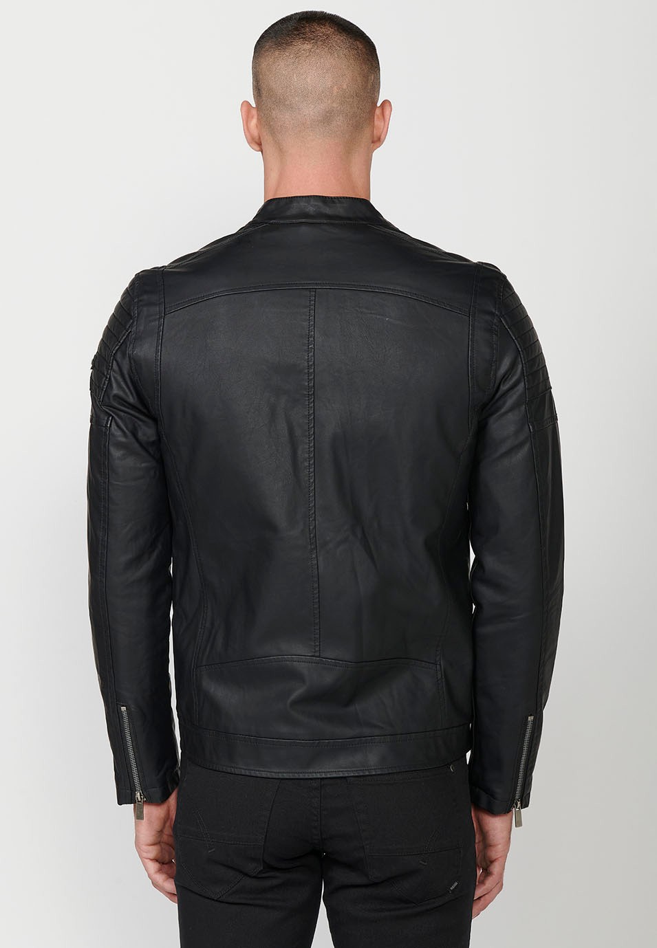 Faux Leather Jacket with Round Neck and Front Zip Closure and Pockets in Black for Men 8