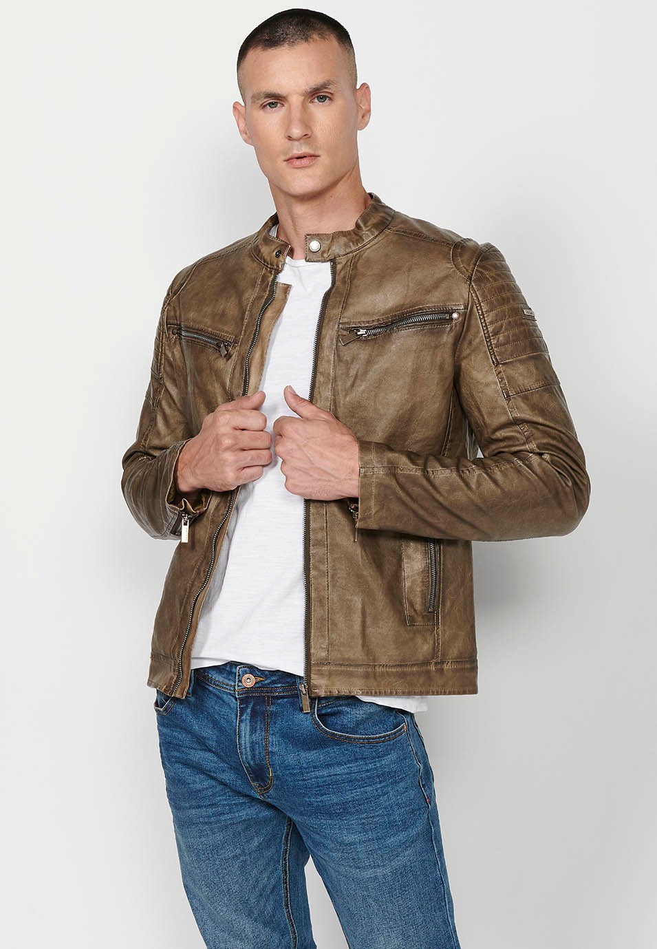 Brown Faux Leather Jacket with Round Neck and Front Zip Closure and Pockets for Men