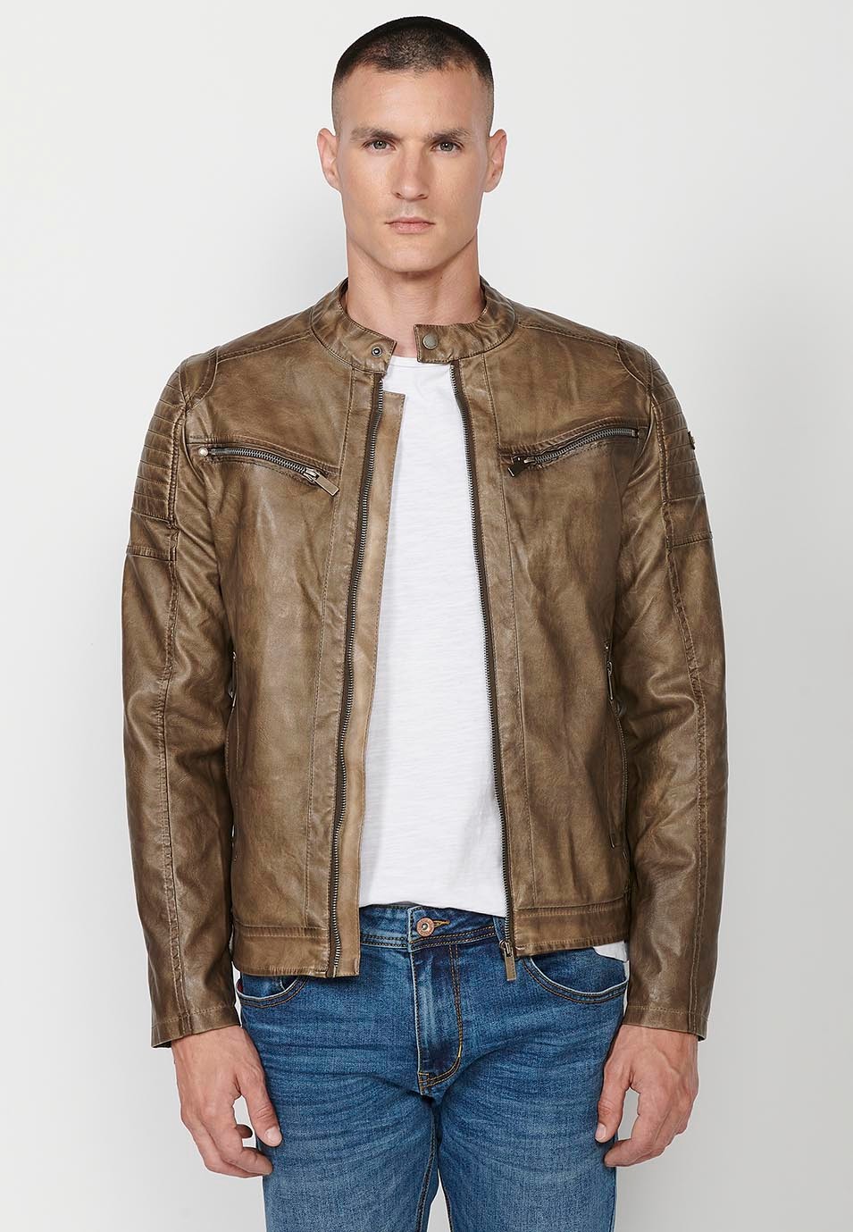 Brown Faux Leather Jacket with Round Neck and Front Zip Closure and Pockets for Men 4