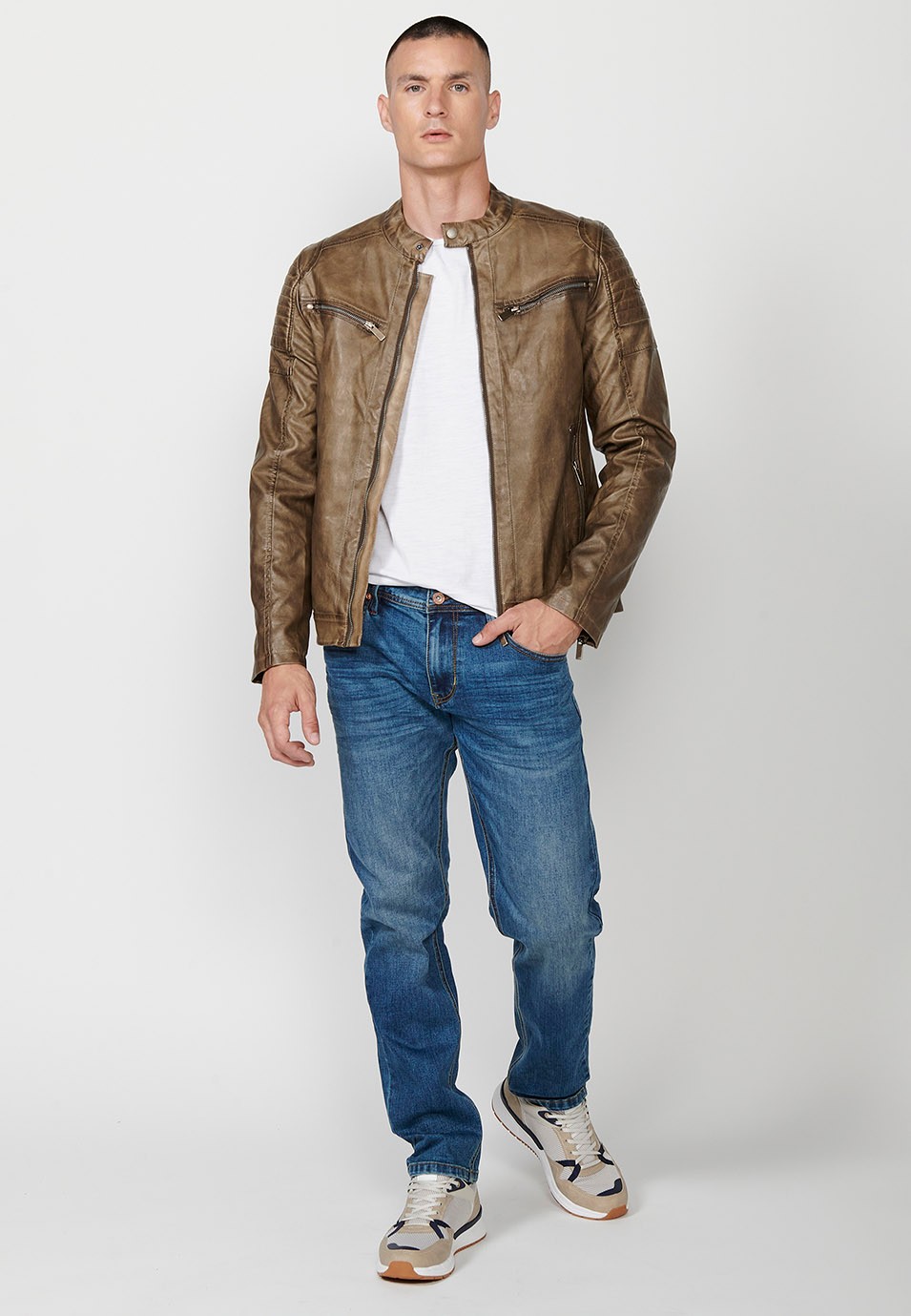 Brown Faux Leather Jacket with Round Neck and Front Zip Closure and Pockets for Men 2