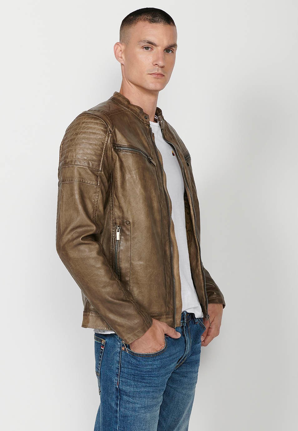 Brown Faux Leather Jacket with Round Neck and Front Zip Closure and Pockets for Men 9