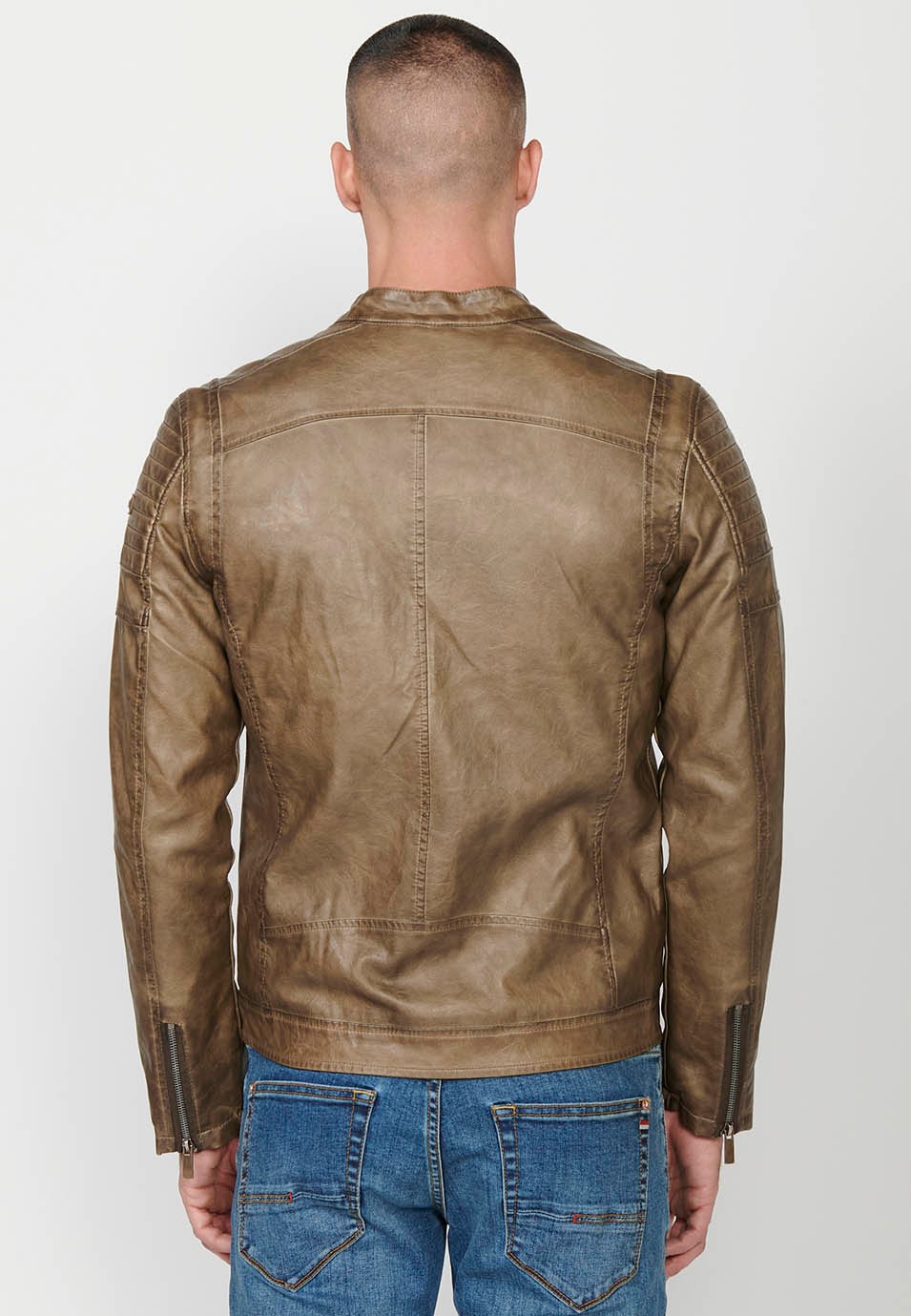 Brown Faux Leather Jacket with Round Neck and Front Zip Closure and Pockets for Men 6