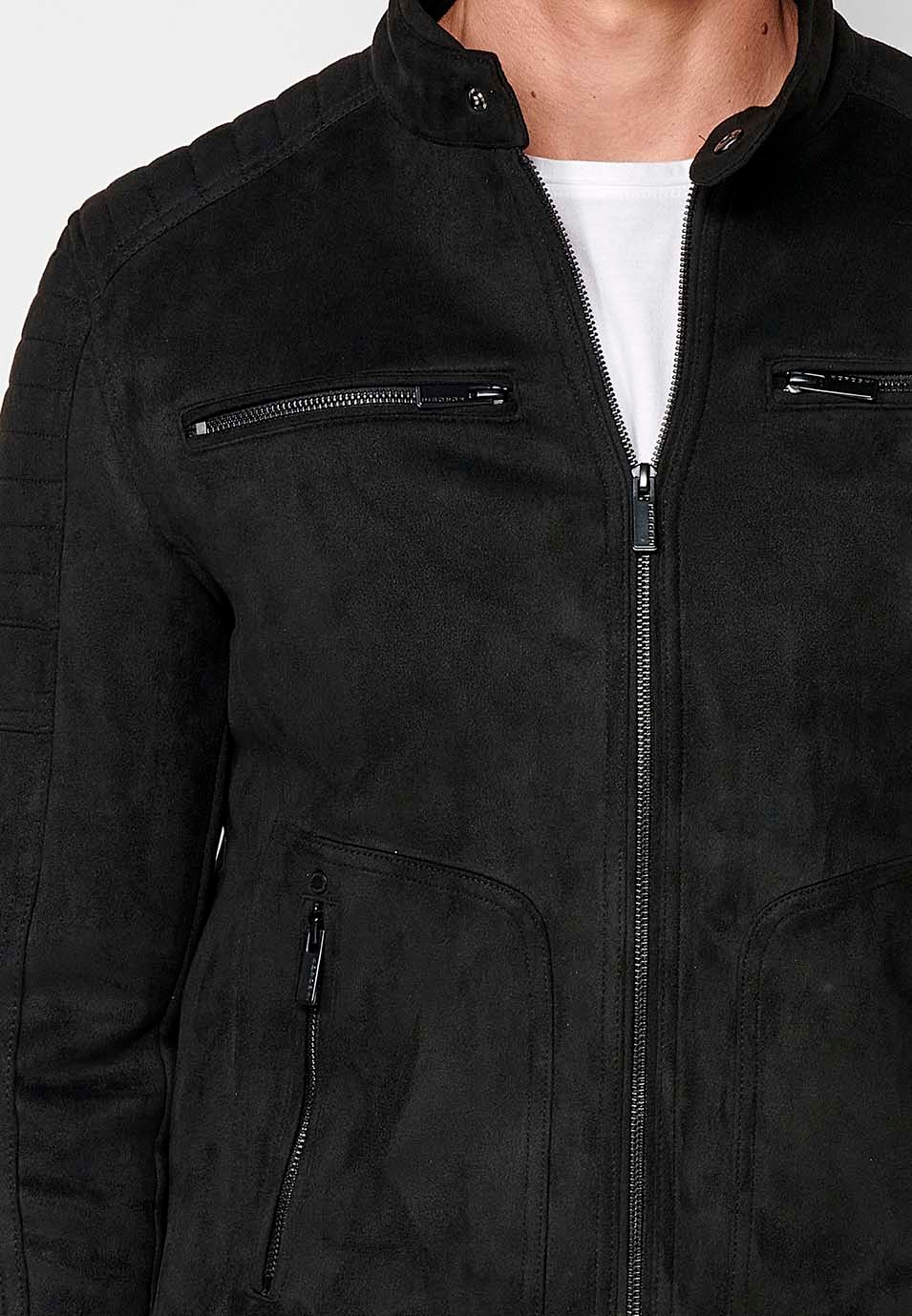 Faux Leather Jacket with Round Neck and Front Zip Closure in Black for Men