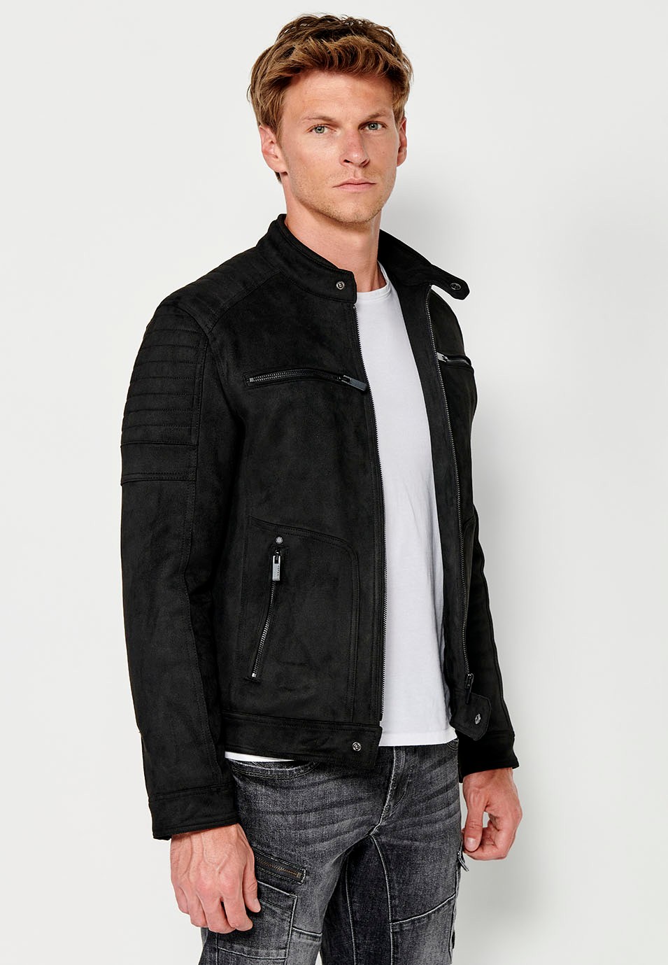 Faux Leather Jacket with Round Neck and Front Zip Closure in Black for Men