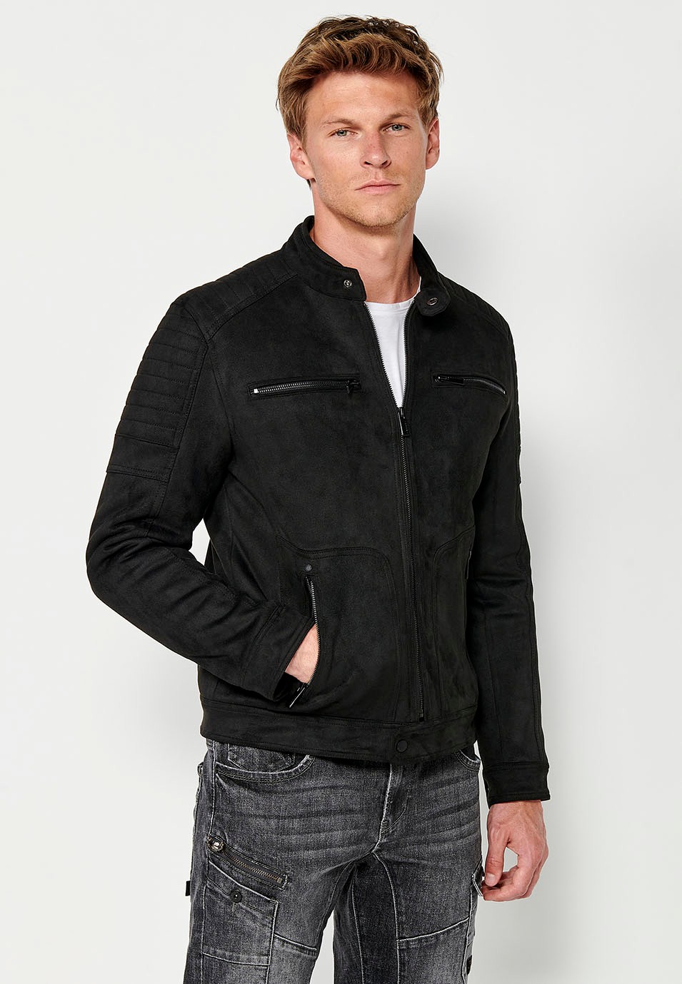 Faux Leather Jacket with Round Neck and Front Zip Closure in Black for Men