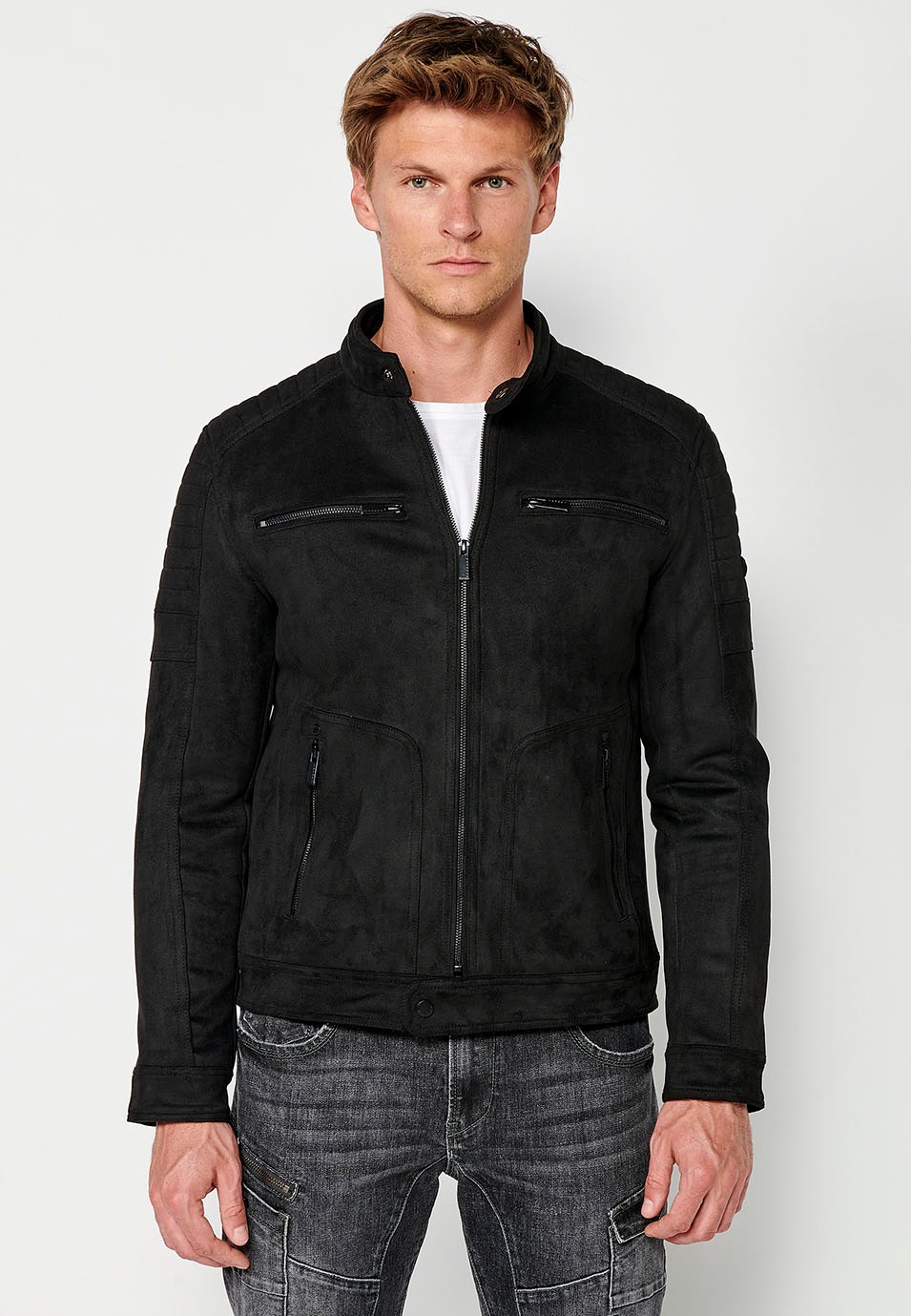 Faux Leather Jacket with Round Neck and Front Zip Closure in Black for Men