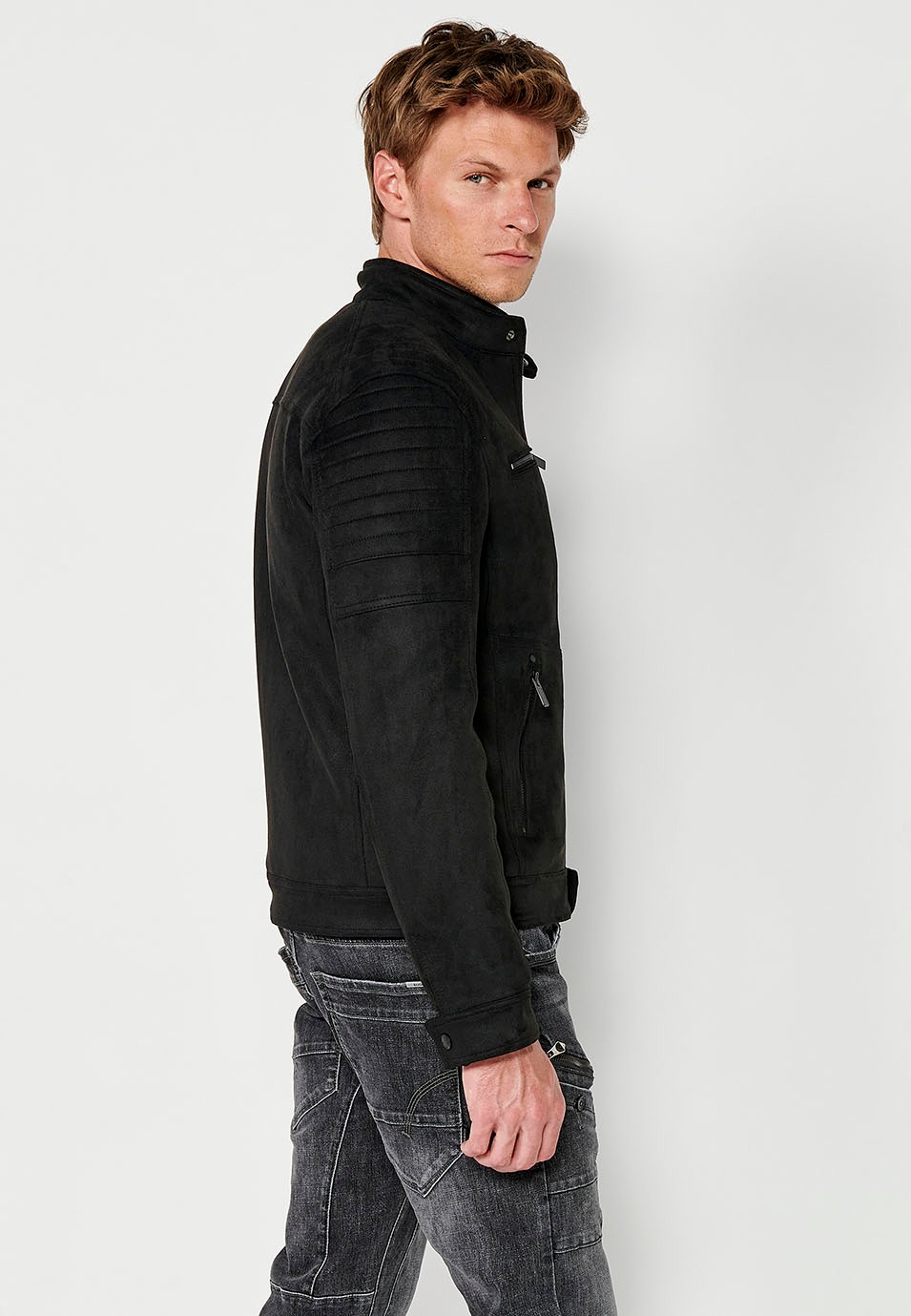 Faux Leather Jacket with Round Neck and Front Zip Closure in Black for Men