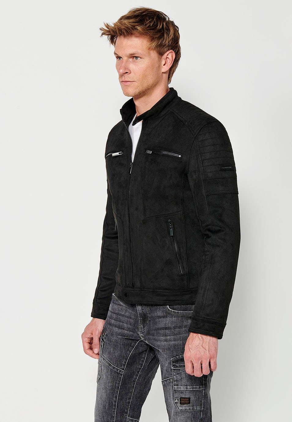 Faux Leather Jacket with Round Neck and Front Zip Closure in Black for Men