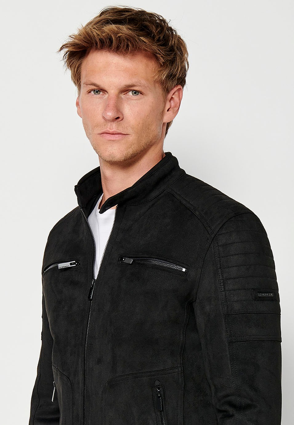 Faux Leather Jacket with Round Neck and Front Zip Closure in Black for Men