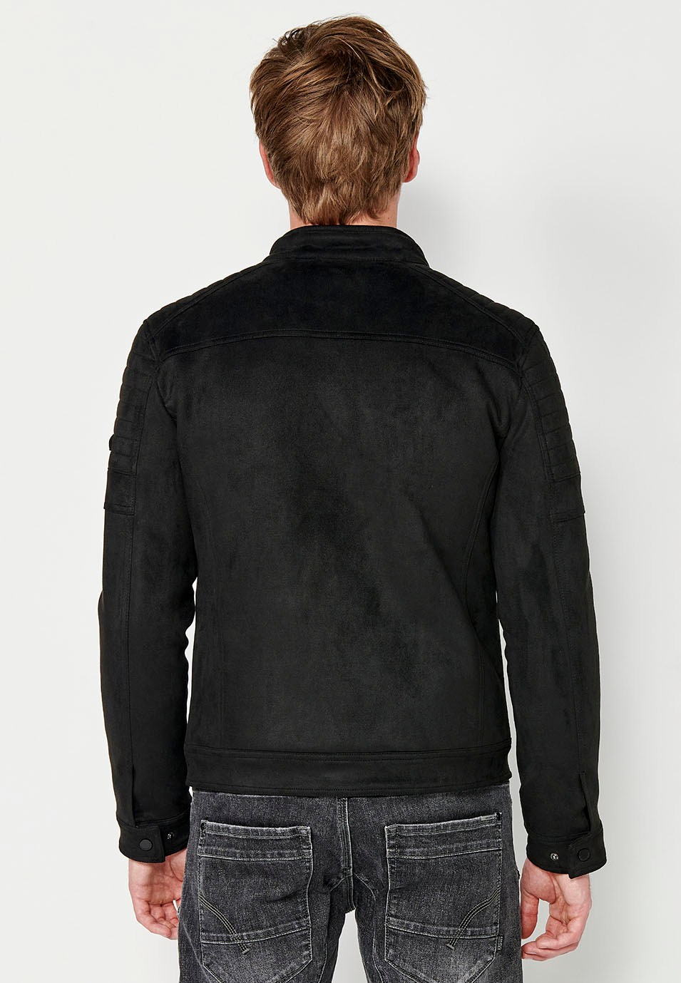 Faux Leather Jacket with Round Neck and Front Zip Closure in Black for Men