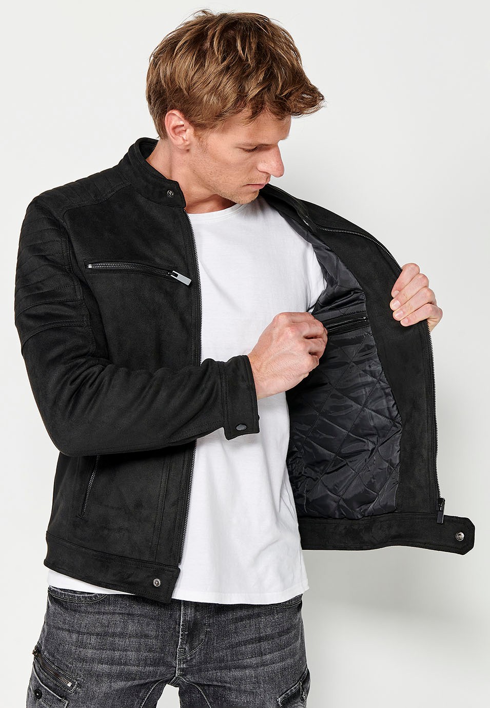 Faux Leather Jacket with Round Neck and Front Zip Closure in Black for Men