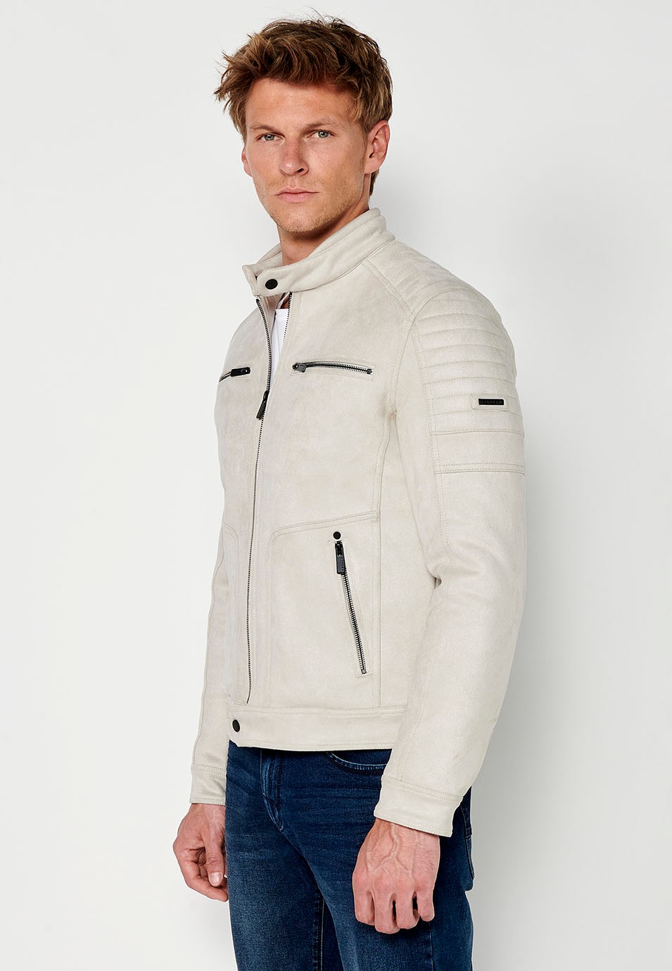 Mens Faux Leather Round Neck Zip Front Jacket in Stone