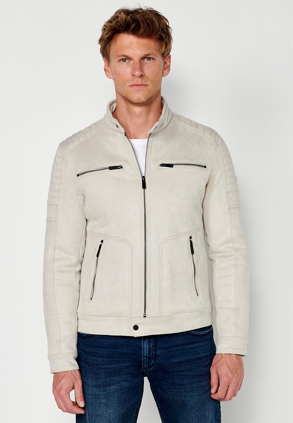 Mens Faux Leather Round Neck Zip Front Jacket in Stone 1