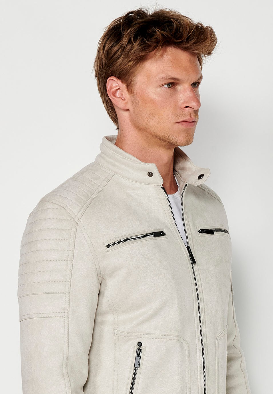 Mens Faux Leather Round Neck Zip Front Jacket in Stone 3