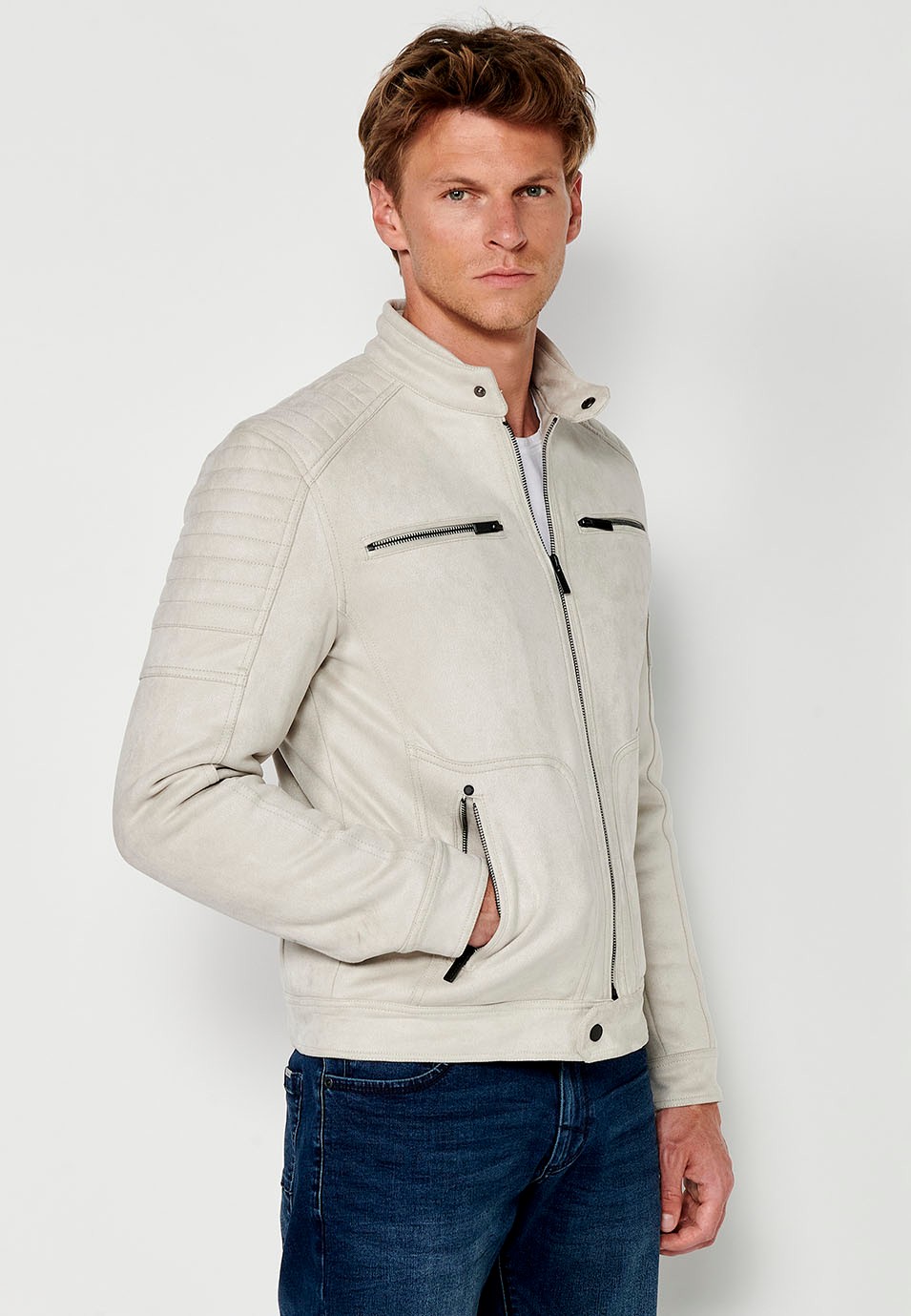 Mens Faux Leather Round Neck Zip Front Jacket in Stone 6