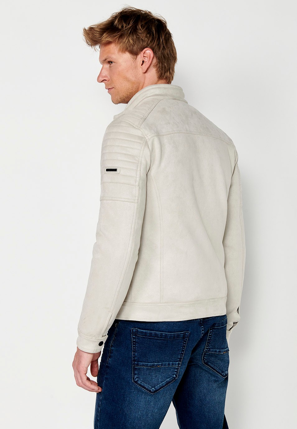 Veste effet cuir avec col rond et fermeture zippée sur le devant de couleur Stone pour Homme 5