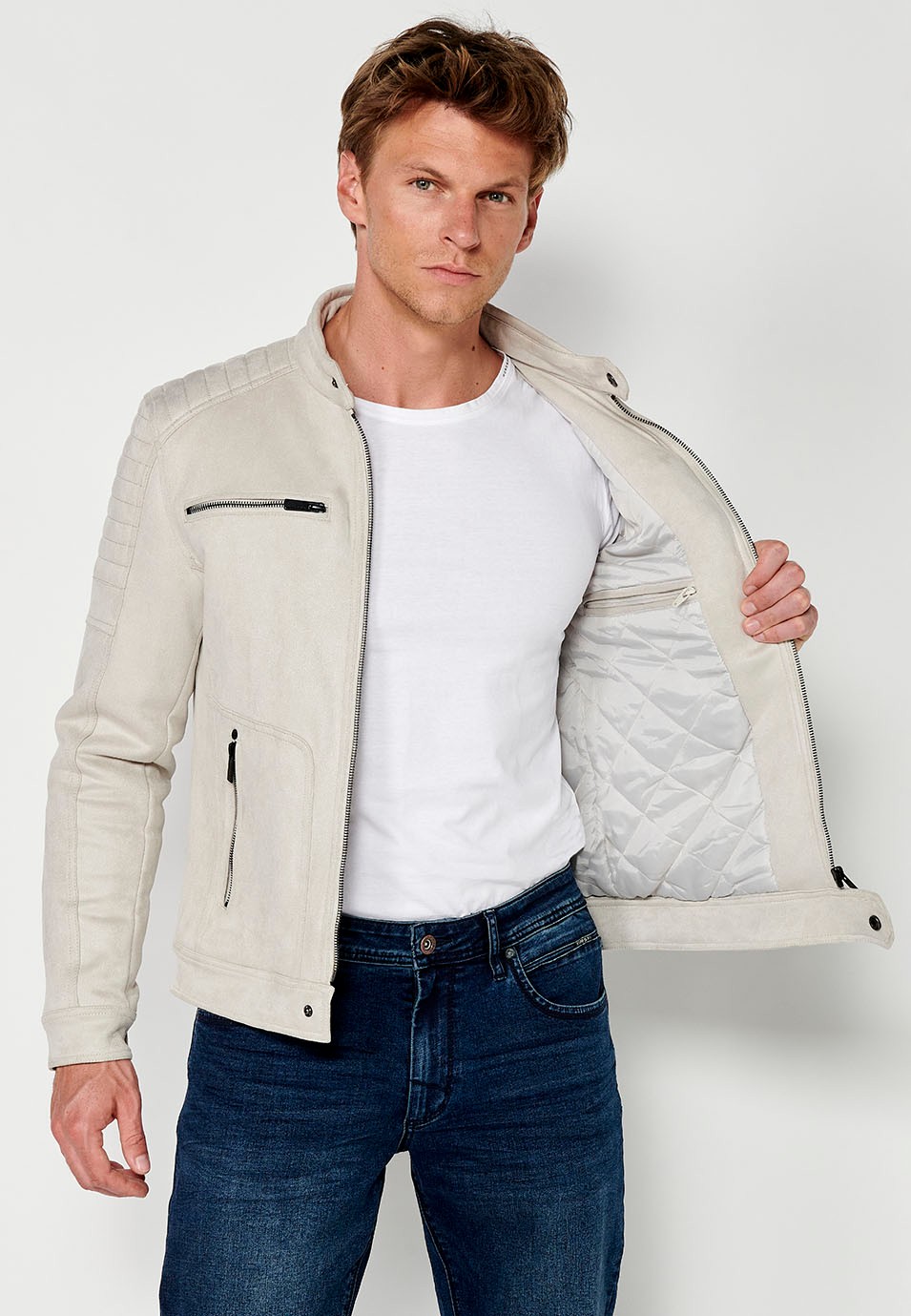 Mens Faux Leather Round Neck Zip Front Jacket in Stone 7