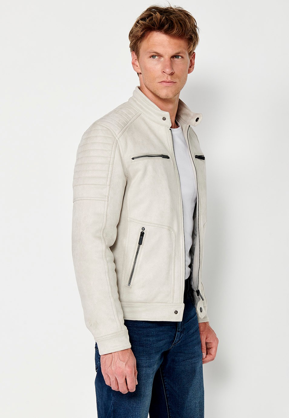 Mens Faux Leather Round Neck Zip Front Jacket in Stone 8