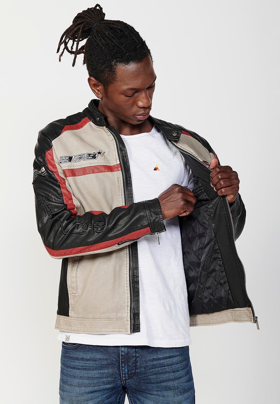 Blouson blanc style motard en similicuir avec col rond et fermeture zippée sur le devant pour homme 2