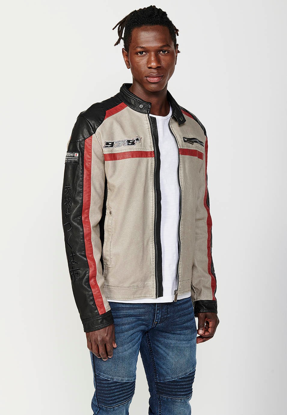 Blouson blanc style motard en similicuir avec col rond et fermeture zippée sur le devant pour homme