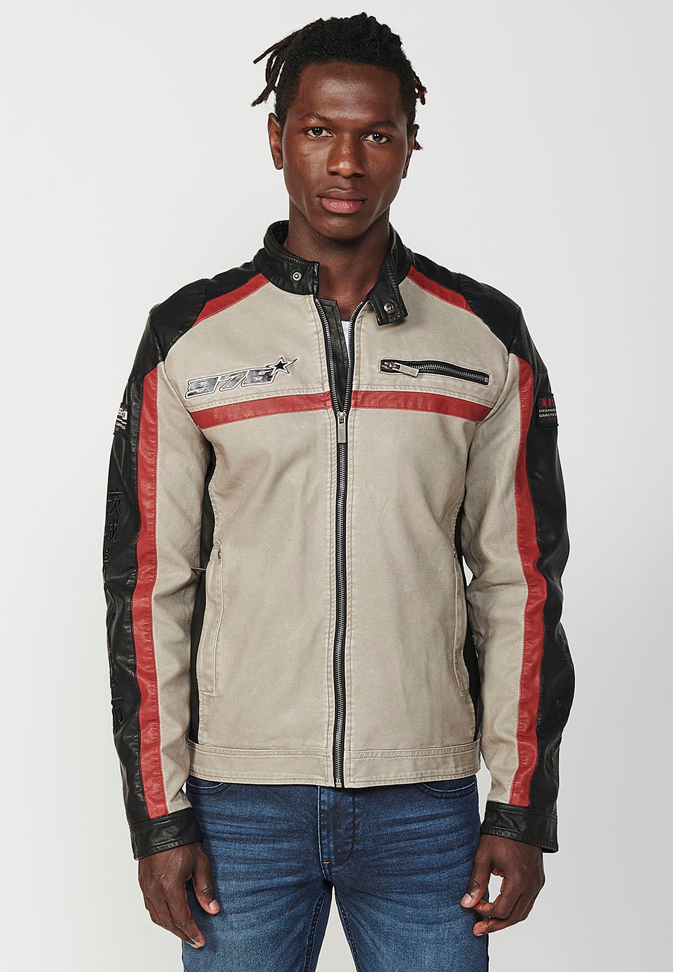 Blouson blanc style motard en similicuir avec col rond et fermeture zippée sur le devant pour homme 4