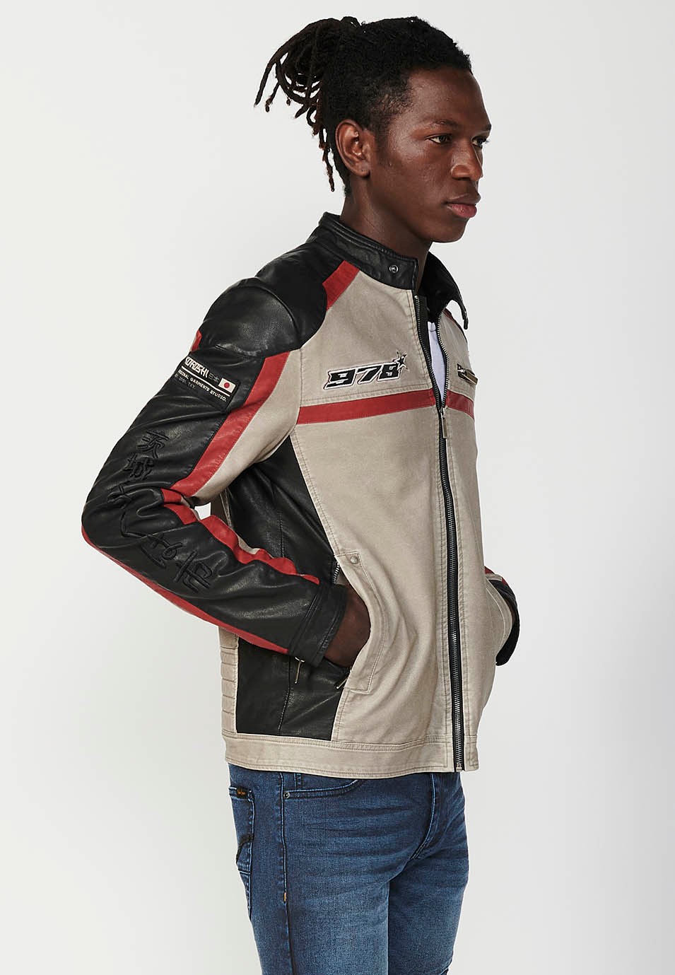 Blouson blanc style motard en similicuir avec col rond et fermeture zippée sur le devant pour homme 9