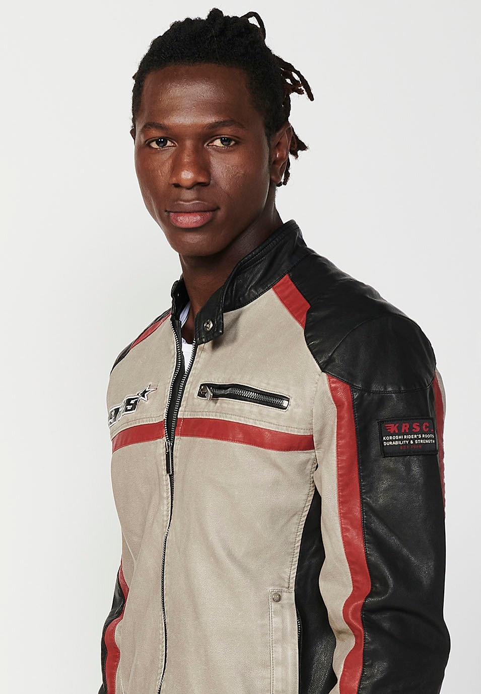 Blouson blanc style motard en similicuir avec col rond et fermeture zippée sur le devant pour homme 8