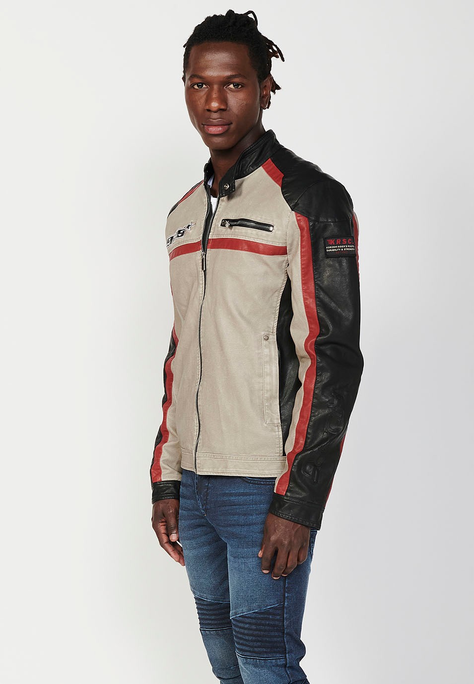 Blouson blanc style motard en similicuir avec col rond et fermeture zippée sur le devant pour homme 7