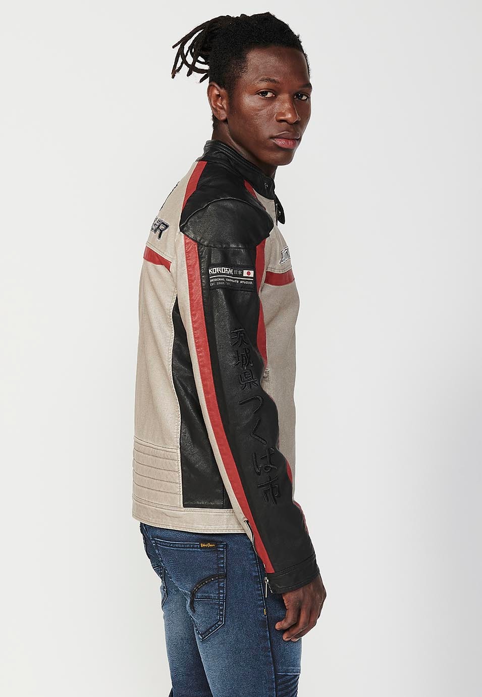 Blouson blanc style motard en similicuir avec col rond et fermeture zippée sur le devant pour homme 3