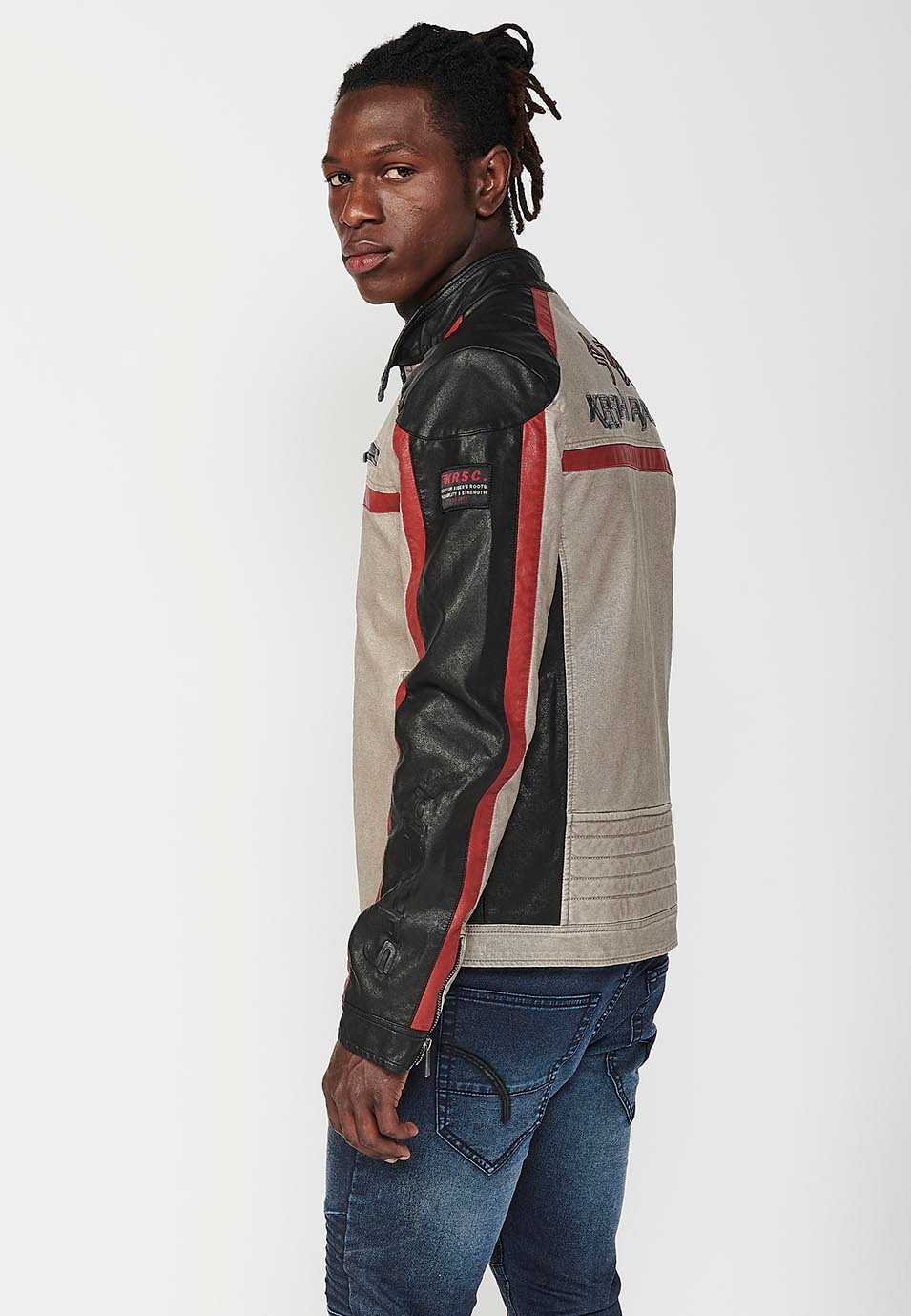 Blouson blanc style motard en similicuir avec col rond et fermeture zippée sur le devant pour homme 1