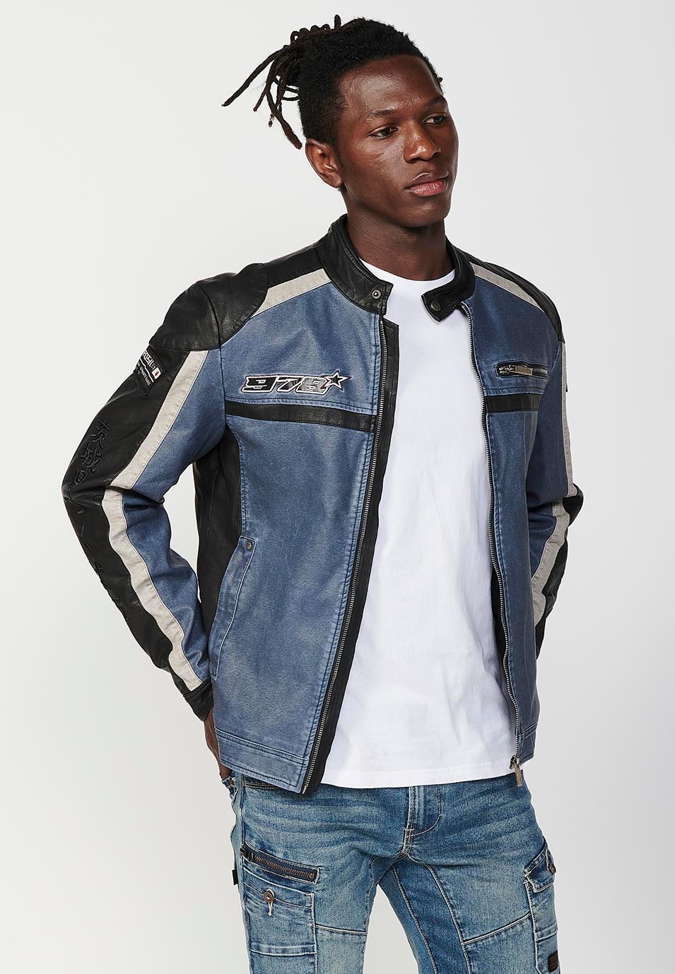 Men's blue biker style faux leather jacket with round neck and front zip closure