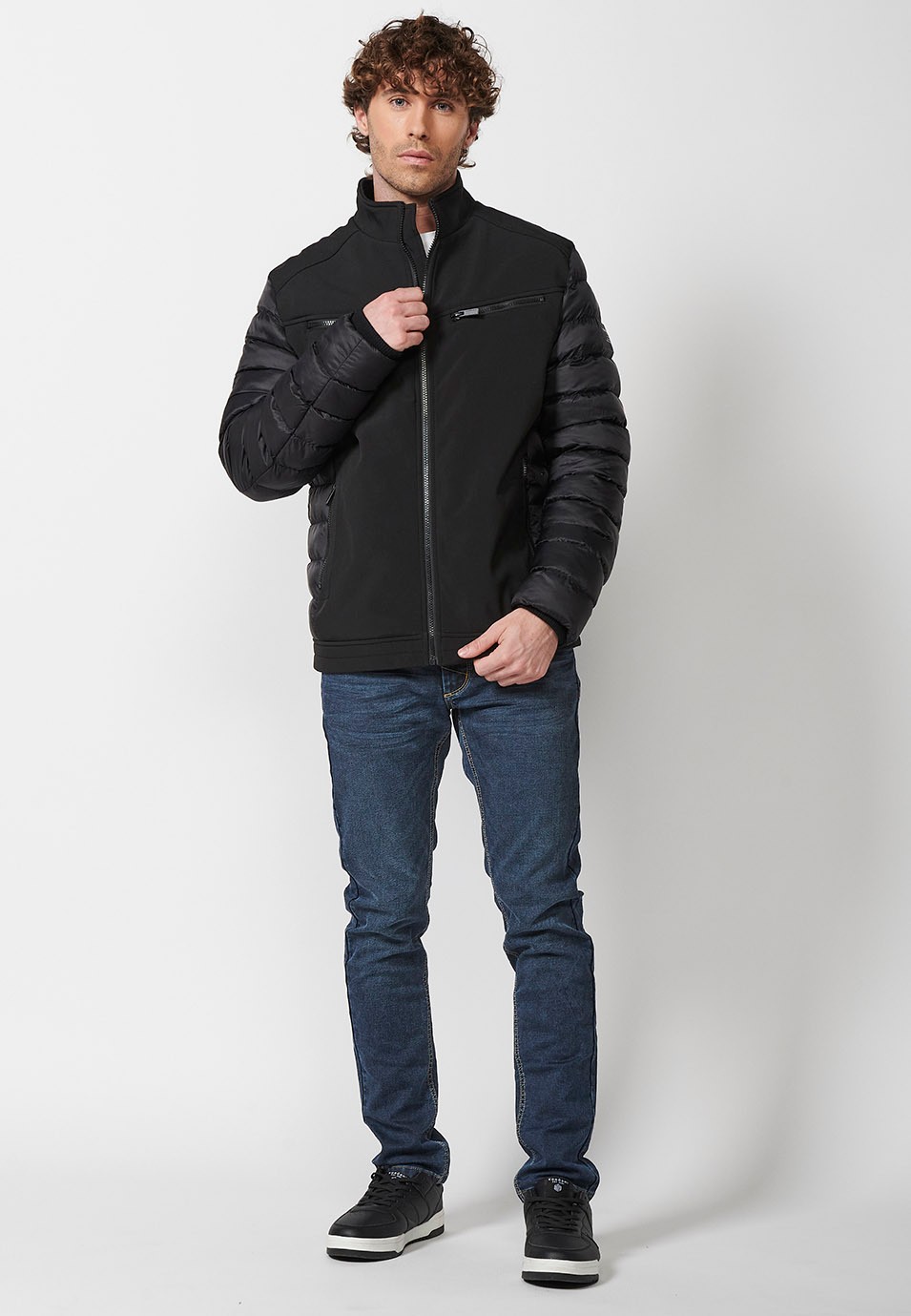 Mens Quilted Bomber Jacket with Stand Collar and Front Zip Closure and Pockets in Black 1