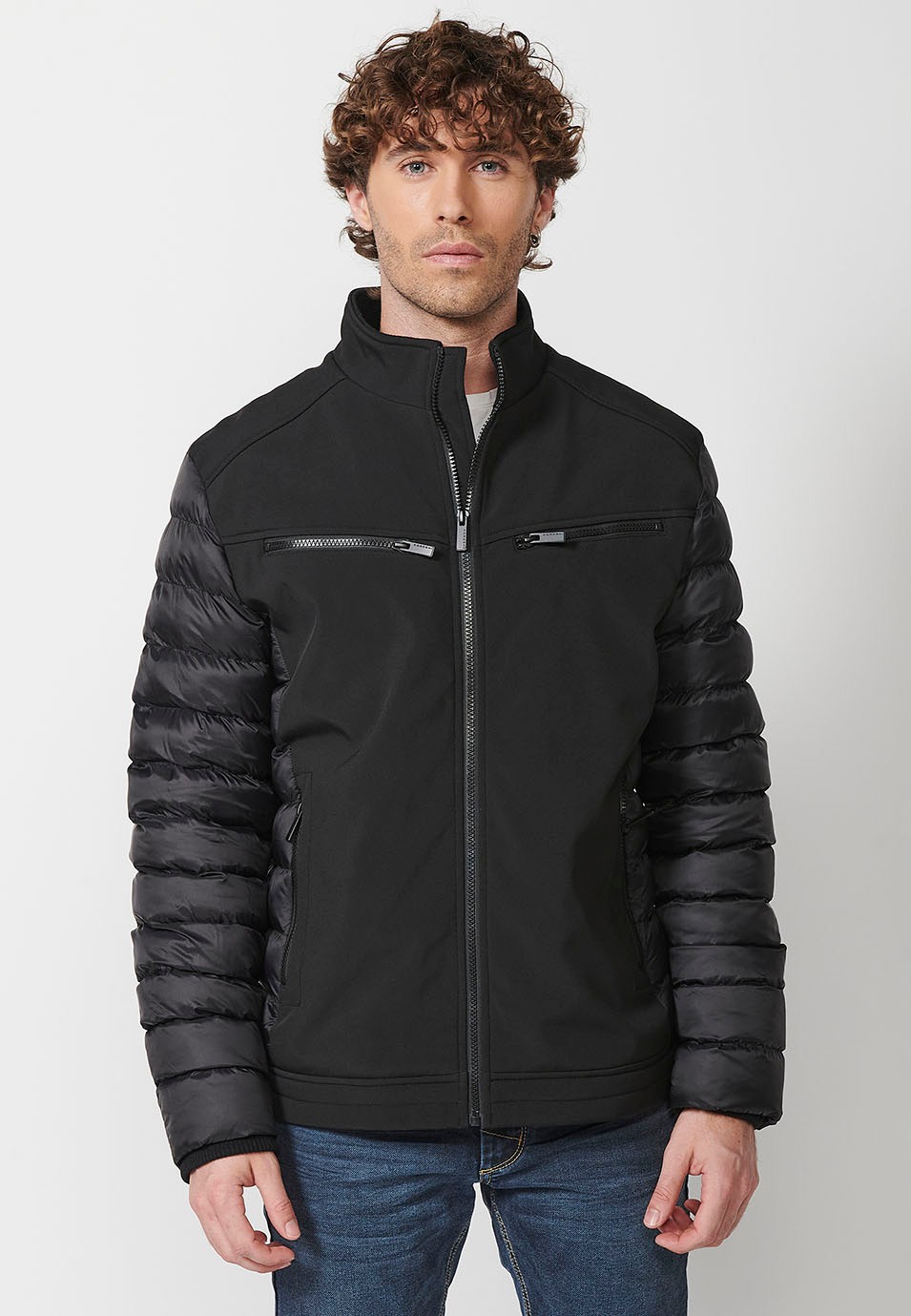 Mens Quilted Bomber Jacket with Stand Collar and Front Zip Closure and Pockets in Black 5