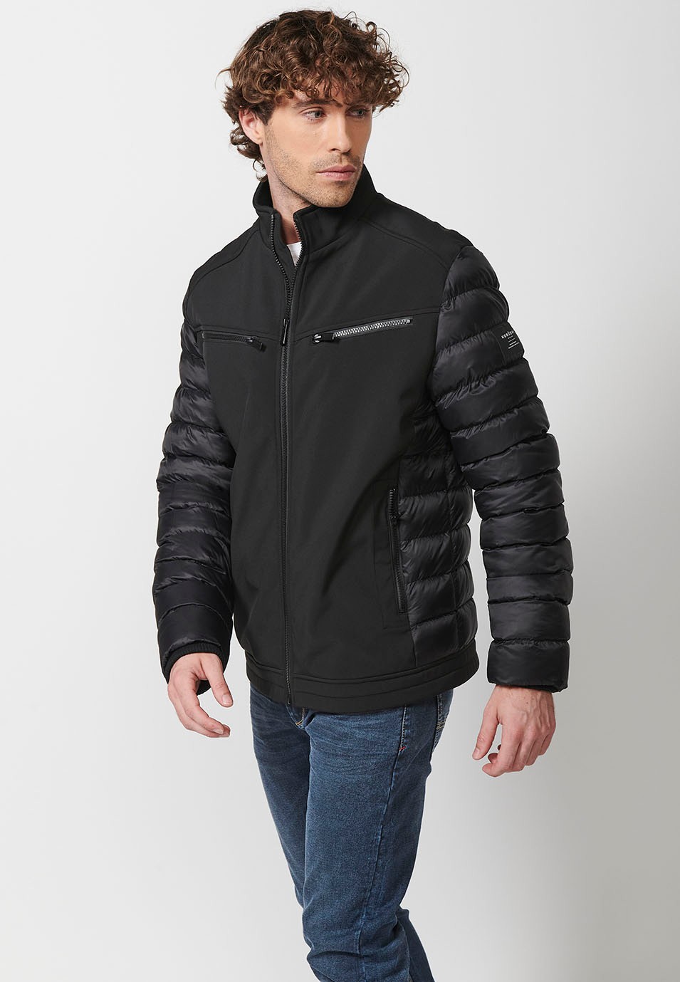 Mens Quilted Bomber Jacket with Stand Collar and Front Zip Closure and Pockets in Black 3