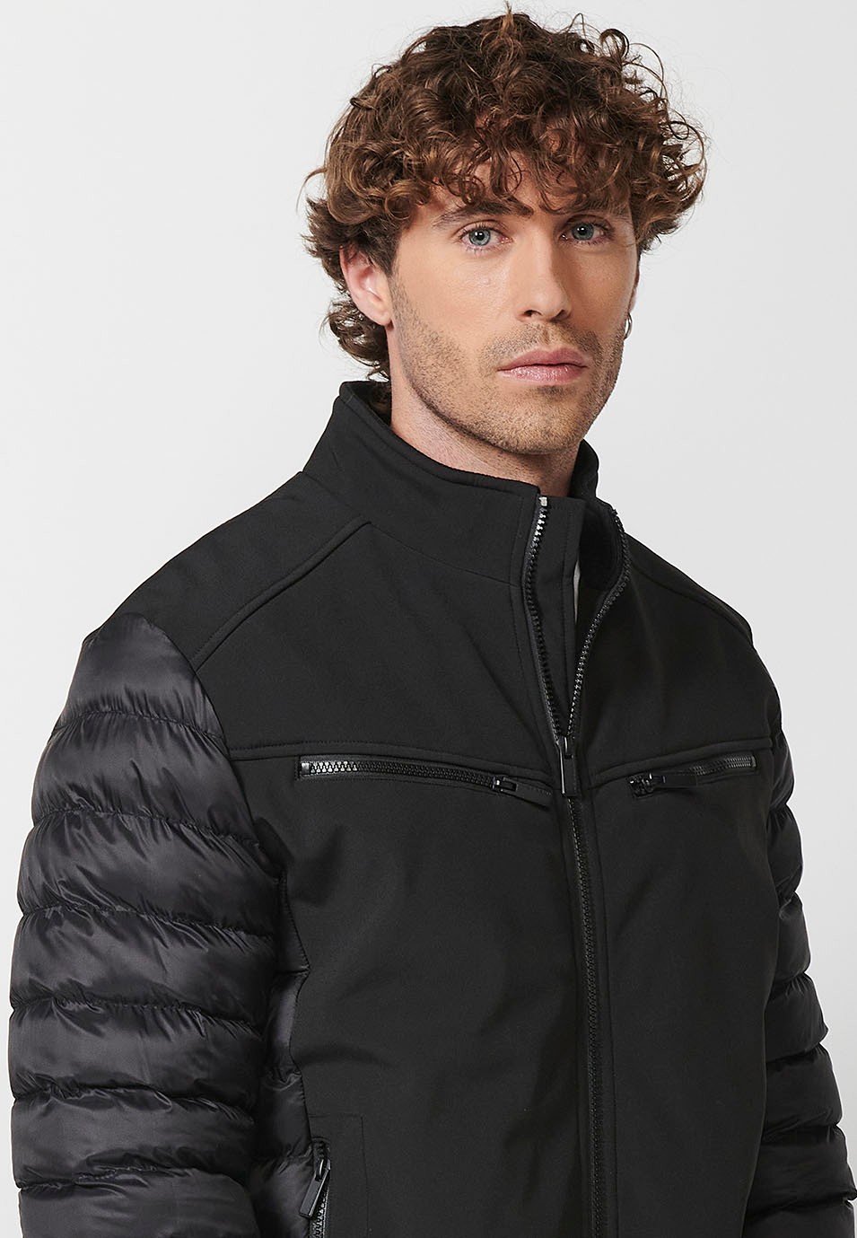 Mens Quilted Bomber Jacket with Stand Collar and Front Zip Closure and Pockets in Black 2