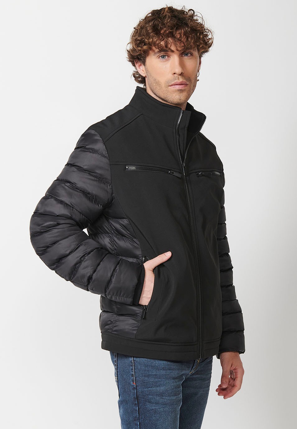 Mens Quilted Bomber Jacket with Stand Collar and Front Zip Closure and Pockets in Black 4