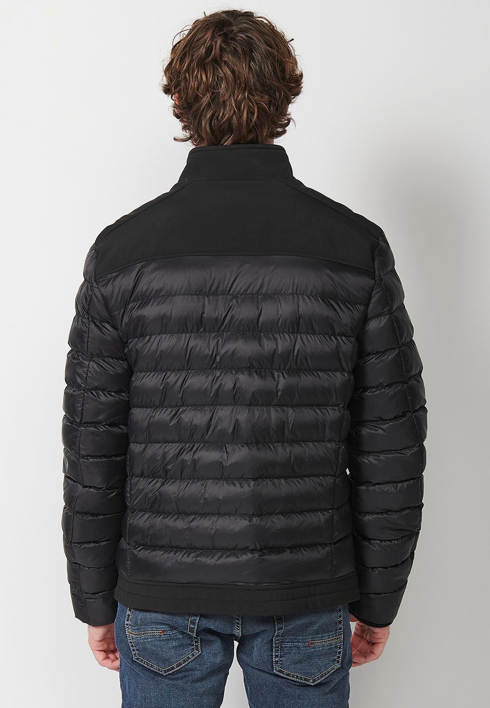 Mens Quilted Bomber Jacket with Stand Collar and Front Zip Closure and Pockets in Black 8