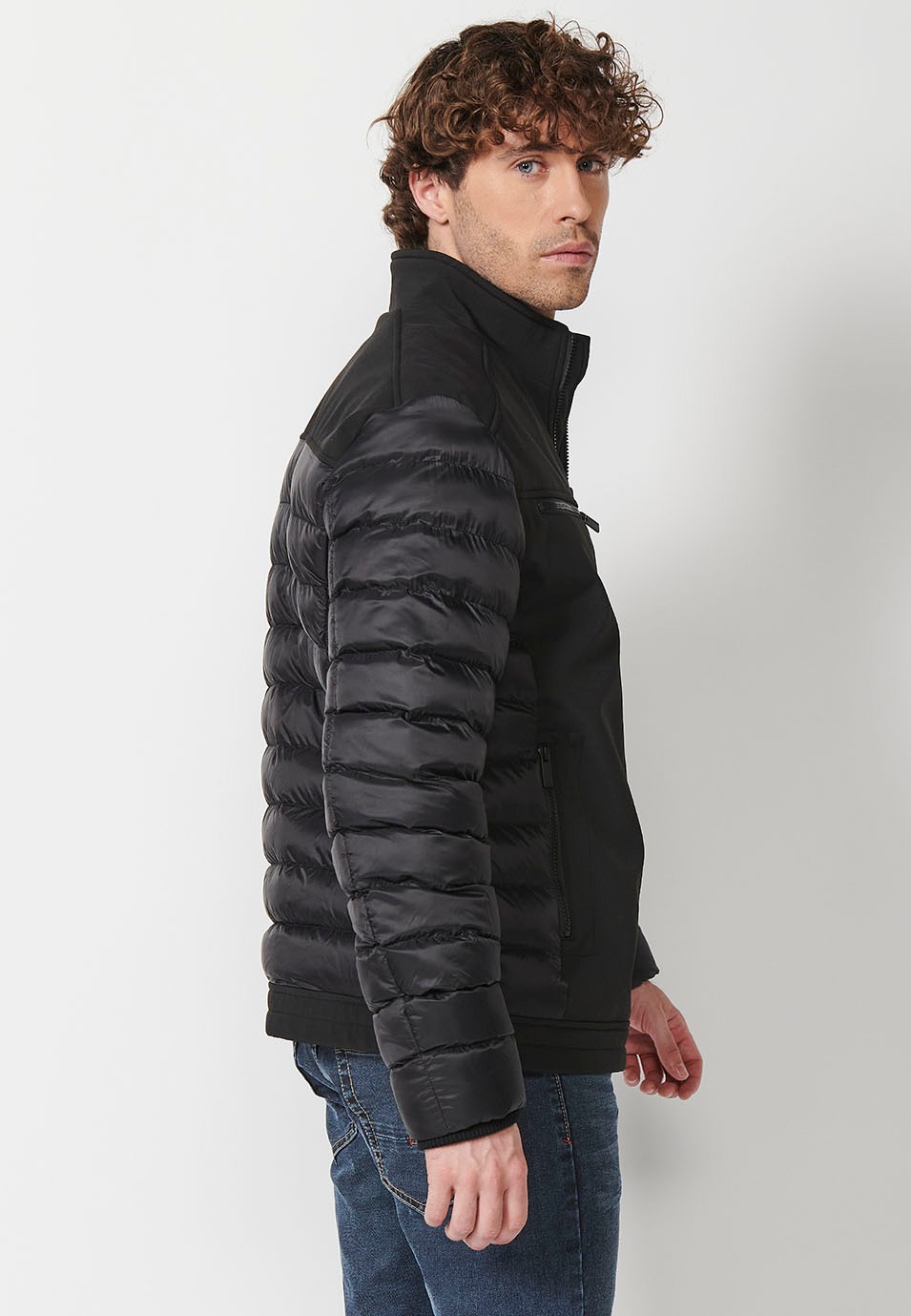 Mens Quilted Bomber Jacket with Stand Collar and Front Zip Closure and Pockets in Black 7