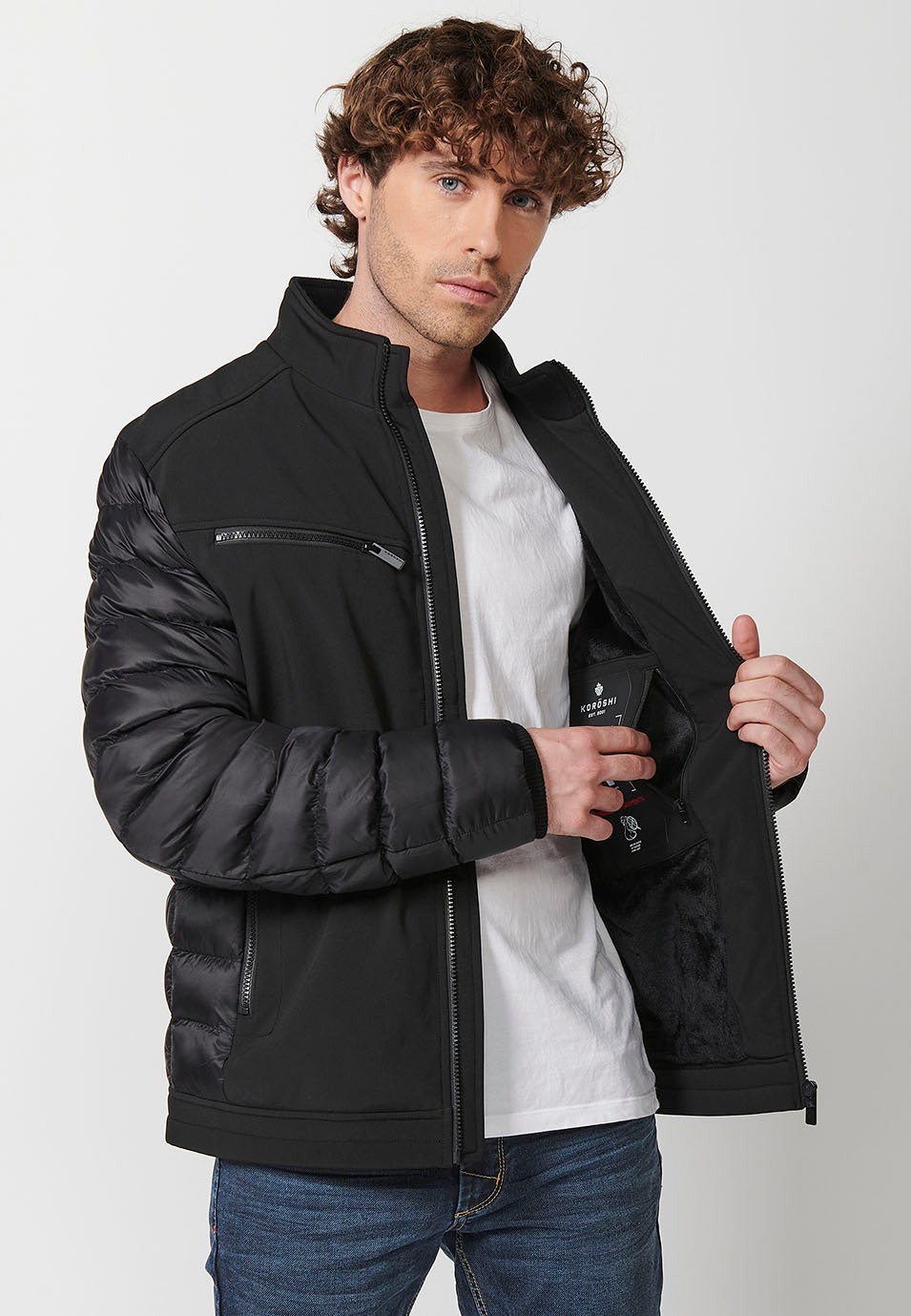 Mens Quilted Bomber Jacket with Stand Collar and Front Zip Closure and Pockets in Black 6