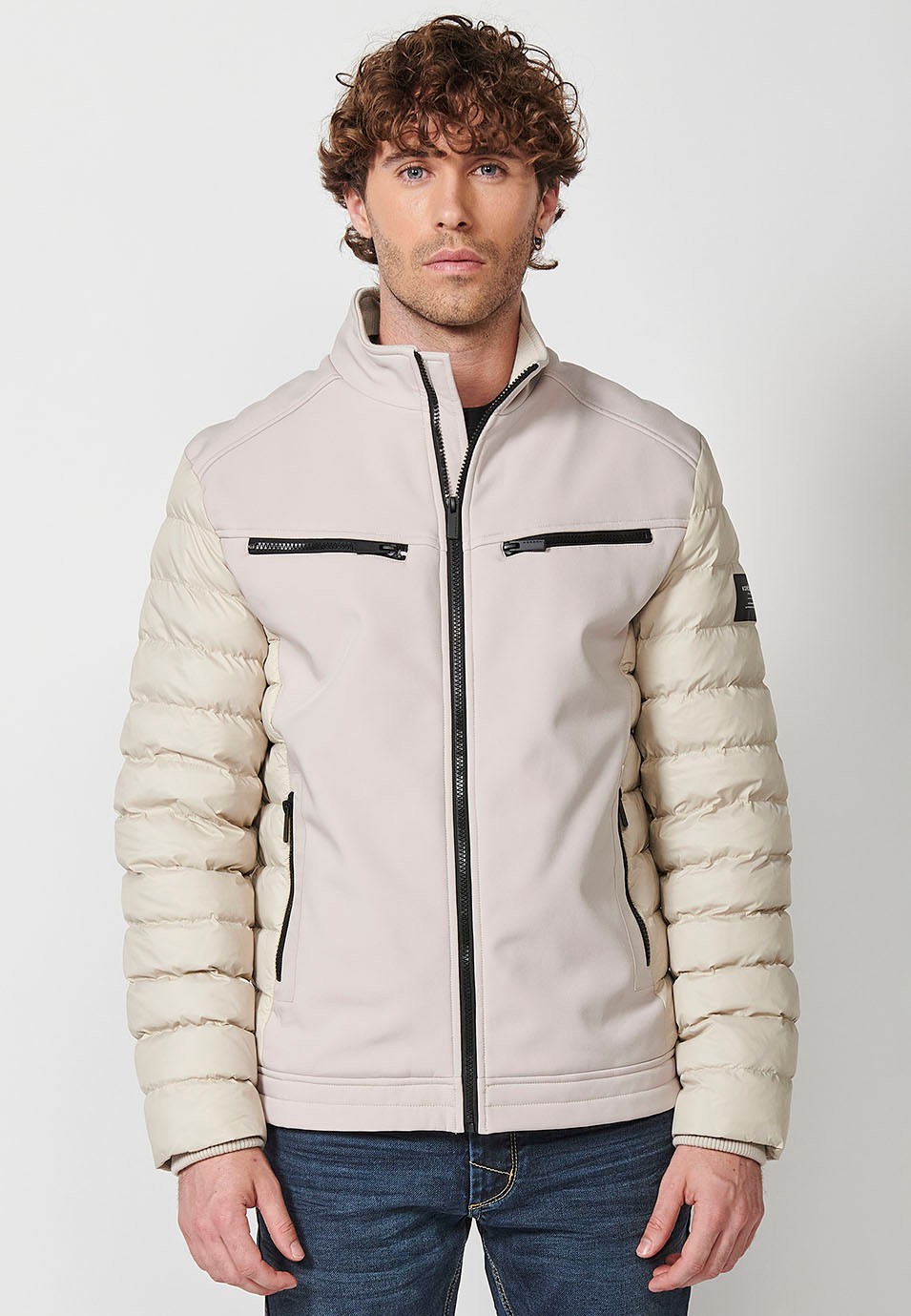 Mens Quilted Bomber Jacket with Stand Collar and Front Zip Closure and Pockets in Stone