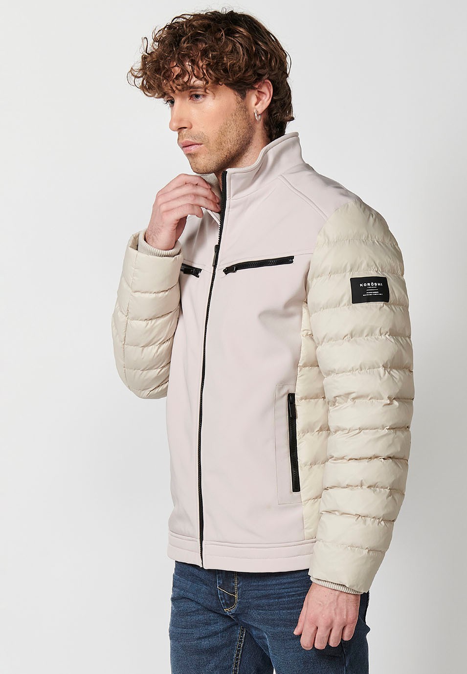 Mens Quilted Bomber Jacket with Stand Collar and Front Zip Closure and Pockets in Stone