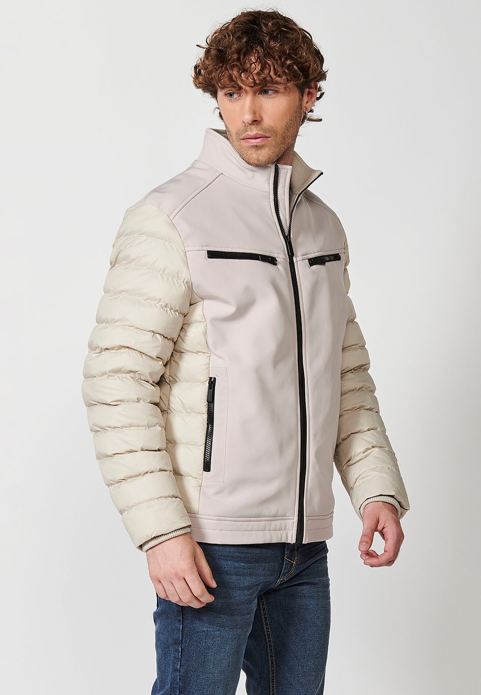 Mens Quilted Bomber Jacket with Stand Collar and Front Zip Closure and Pockets in Stone