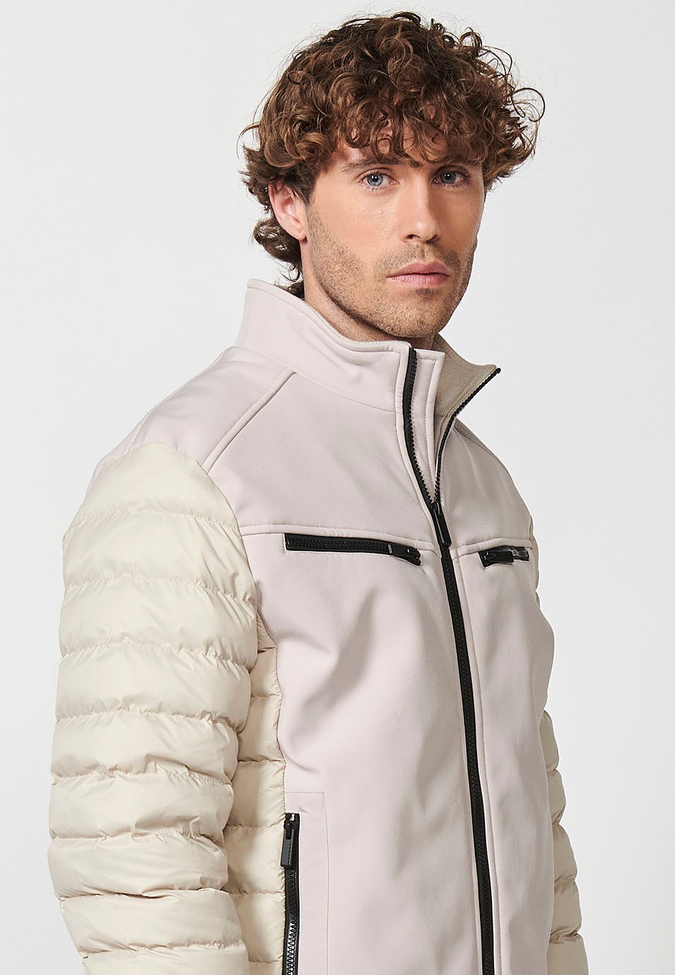 Mens Quilted Bomber Jacket with Stand Collar and Front Zip Closure and Pockets in Stone