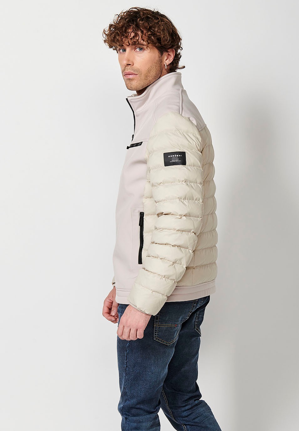 Mens Quilted Bomber Jacket with Stand Collar and Front Zip Closure and Pockets in Stone