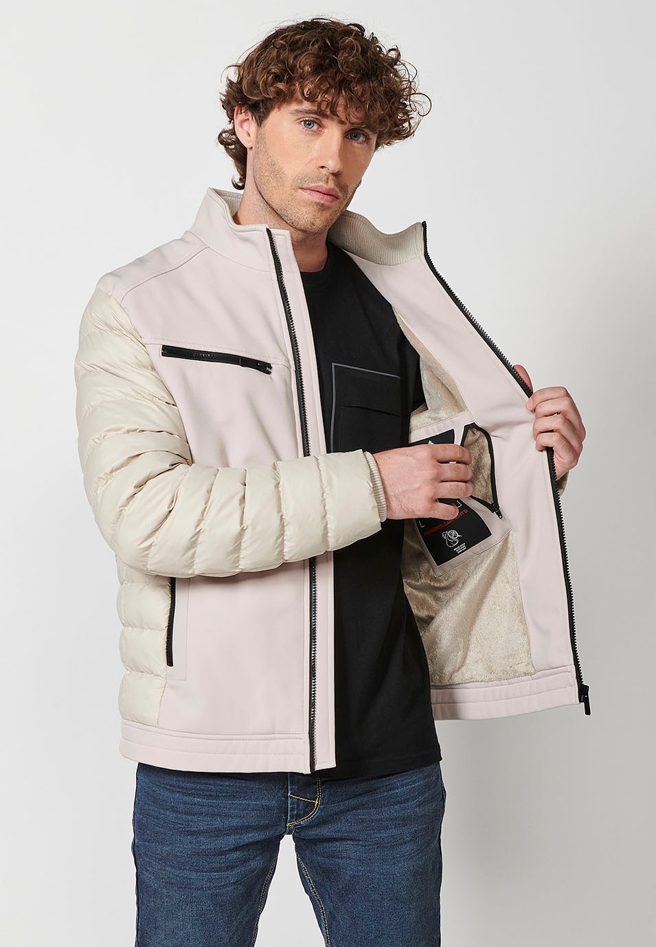 Mens Quilted Bomber Jacket with Stand Collar and Front Zip Closure and Pockets in Stone